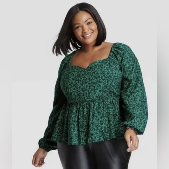 Ava & Viv Tops - Women’s A Line V Neck Ballon Long Sleeve Floral Blouse - Ava & Viv Green Size 2X